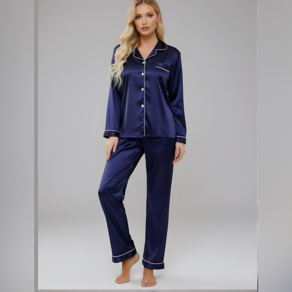 Lapel Collar Satin PJ Set / Pyjama Set Navy Blue